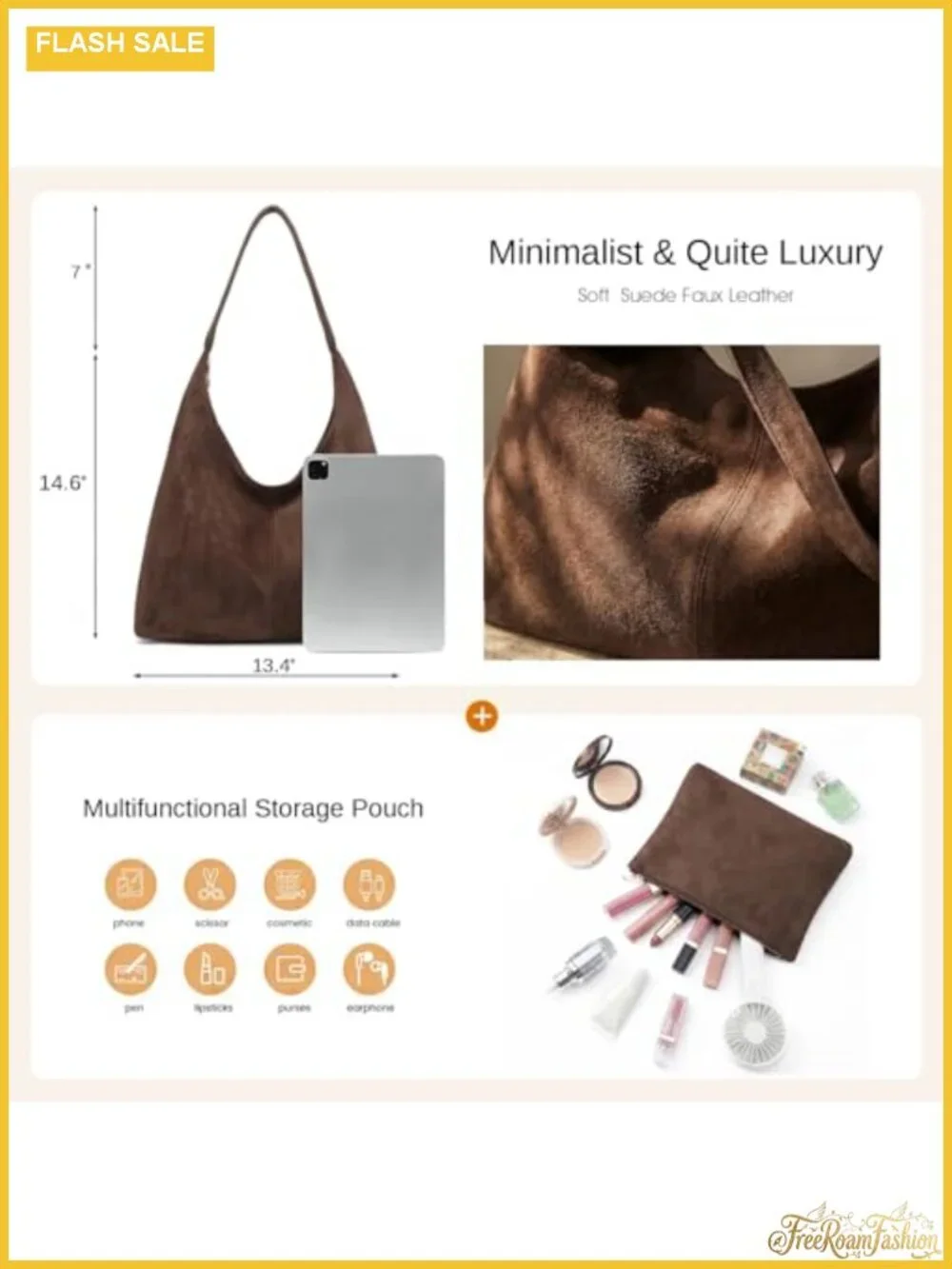Slouchy Faux Suede Hobo Bag Women Casual Shoulder Tote Work Travel